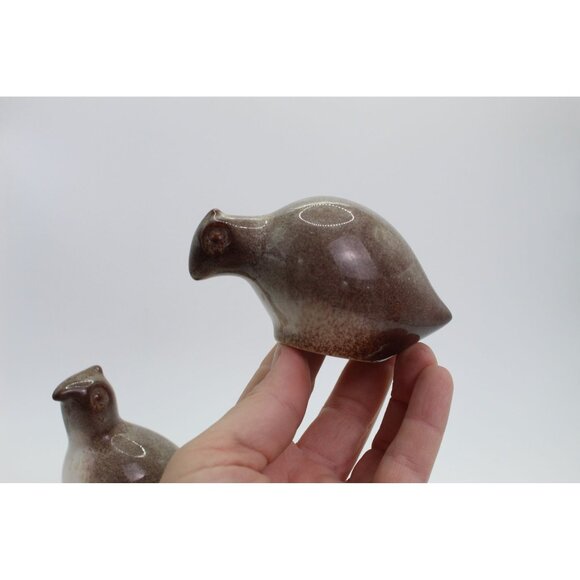 Studio Pottery Quail Figurines • Ceramic Bird Pair • Brown & Cream Glaze Decor - Picture 7 of 9